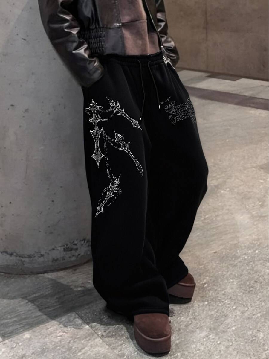 链条印花直筒运动裤，宽松版型，男女通用，街头休闲，舒适，运动慢跑裤 - 黑色 - 查看 1