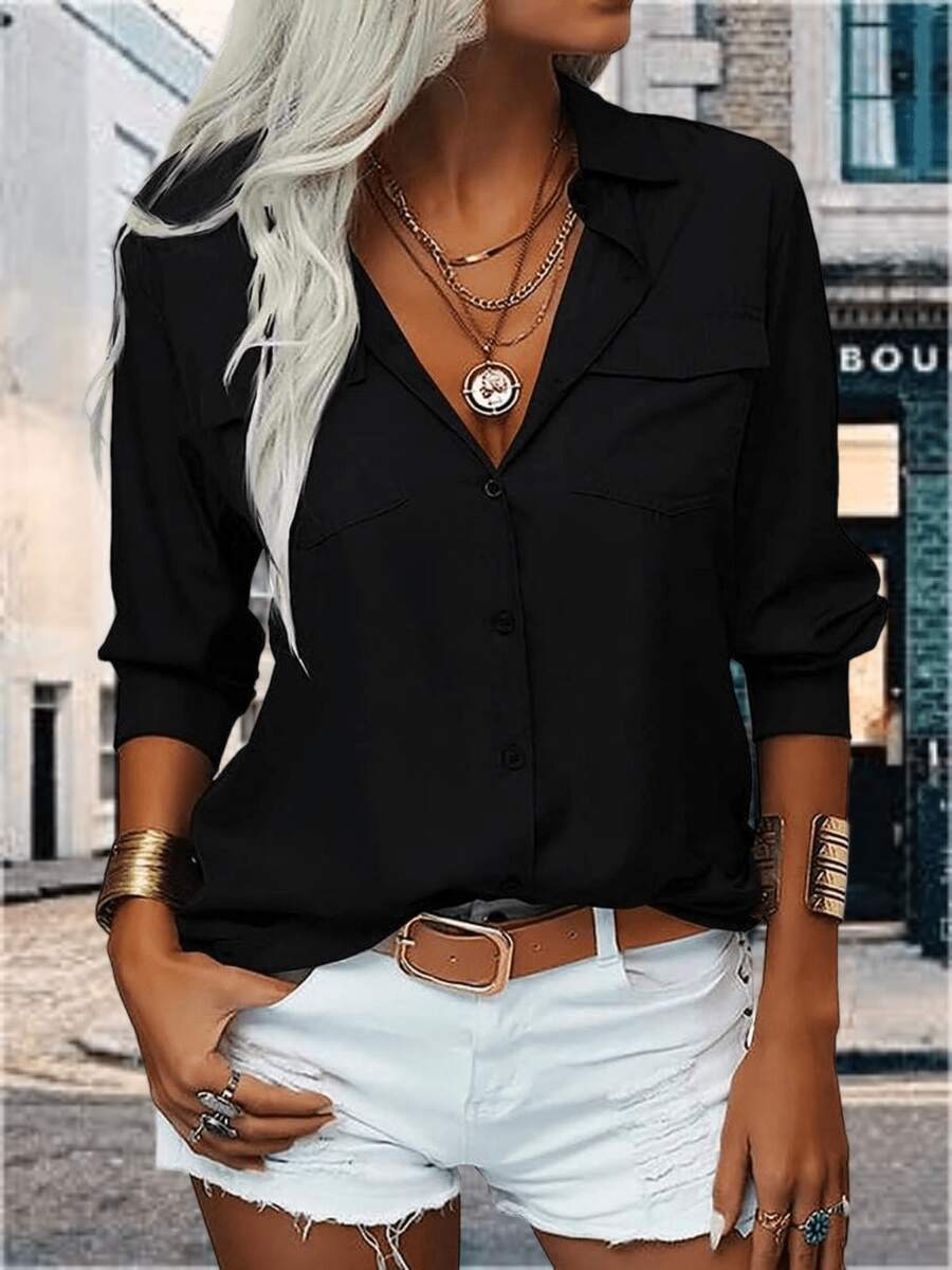 YOUSIFY Womens Basic Solid Lapel Long Sleeves Button Down Casual Office Blouse Shirt Top - màu đen - Xem 1