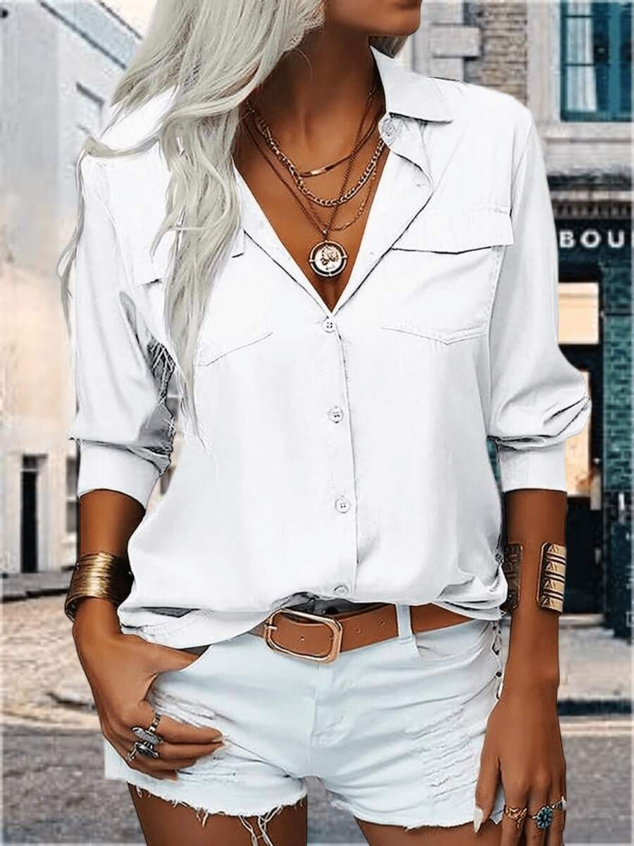 YOUSIFY Womens Basic Solid Lapel Long Sleeves Button Down Casual Office Blouse Shirt Top - 白色 - 查看 1