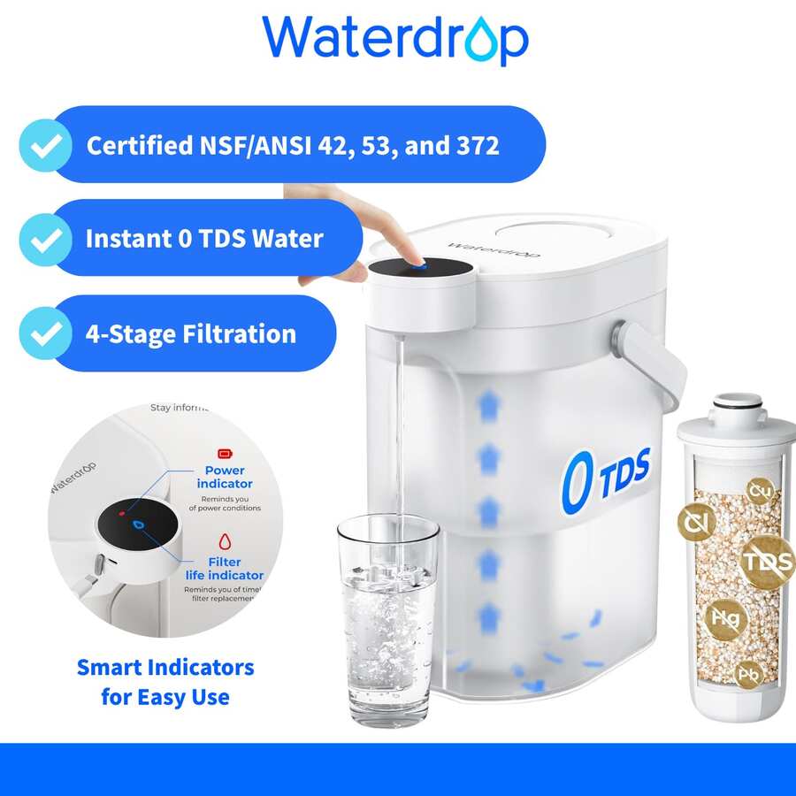 Waterdrop 0 TDS Water Filter Pitcher, Rechargeable Powerful Electric Instant Pitcher, Reduces Chlorine And Lead, 3.5L Countertop Water Filtration System With 1 Filter