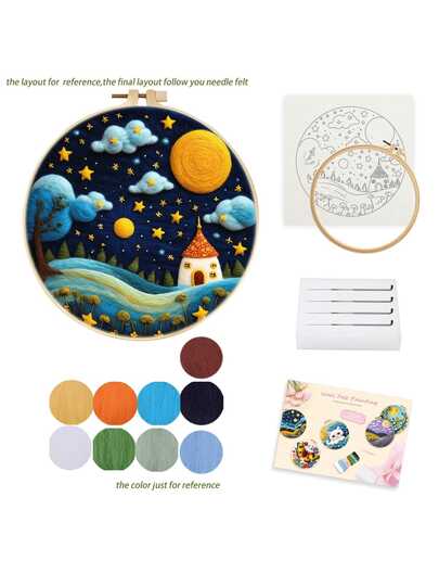 1 Pack Sky Night Pattern Needle Felt Starter Set Wool Painting Landscape Set Includes Wool Bag Felting Needles Foam Pad Felt Cloth Diy Gift 20x20cm/7.87x7.87inch