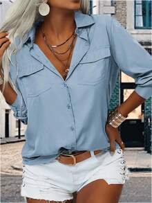 YOUSIFY Womens Basic Solid Lapel Long Sleeves Button Down Casual Office Blouse Shirt Top - Baby Blue - View 3