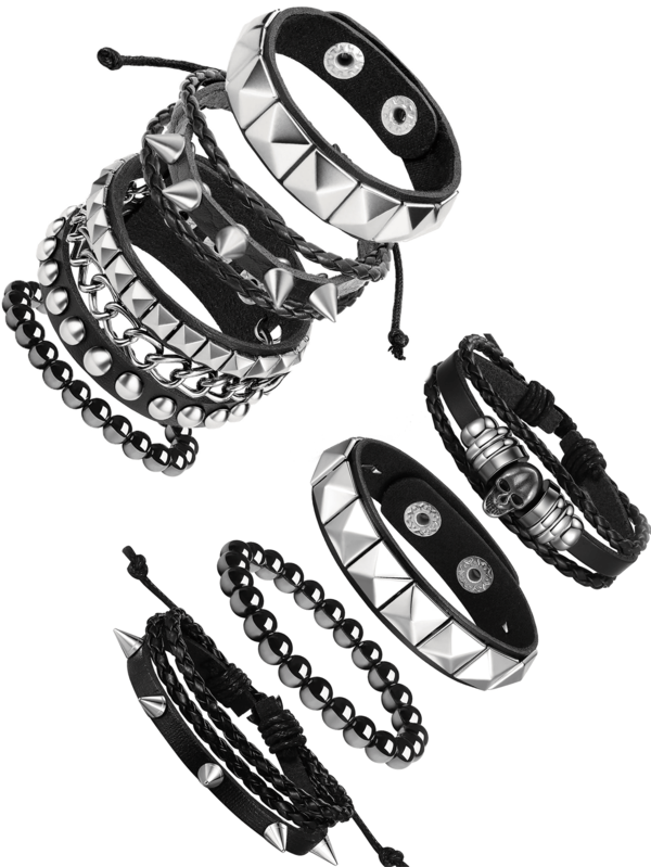 Yanxyad Men's Punk Rock Studded Bracelet Set, Spiked Leather Cuff Bracelets, Skull Studded Bracelet 80s Emo Style, Faux Leather, Fashion Gothic Halloween Jewelry Bracelet Accessory For Men Women