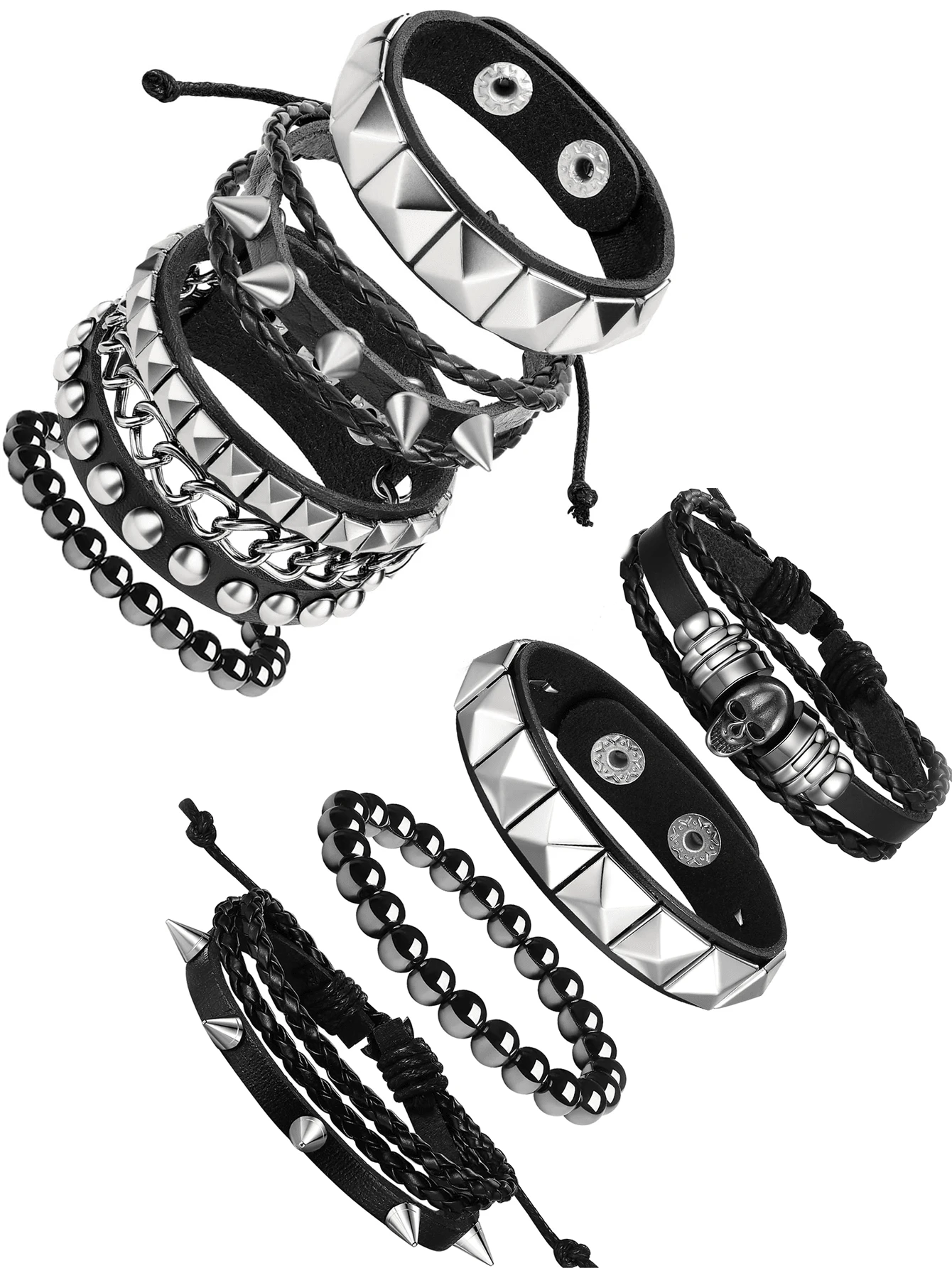 Yanxyad Men's Punk Rock Studded Bracelet Set, Spiked Leather Cuff Bracelets, Skull Studded Bracelet 80s Emo Style, Faux Leather, Fashion Gothic Halloween Jewelry Bracelet Accessory For Men Women