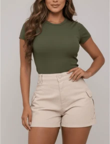 Women's Beige Cargo Jean Shorts - Beis - Ver 2