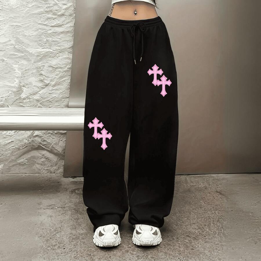 Urban Style Wide Leg Flannel Premium Hip Hop Sweatshirt Soft Wide Pants Pink Crosses Model - Black - View 1
