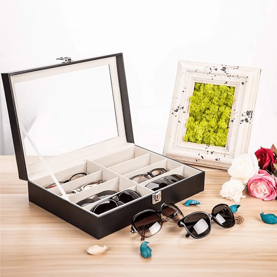 8 Slots Leather Multi Sunglasses Organizer For Women Men, Eyeglasses Eyewear Display Case, Jewelry Watch Organizer, Sunglasses Jewelry Collection Case, Sunglass Glasses Storage Holder Box - Đen và trắng - Xem 1