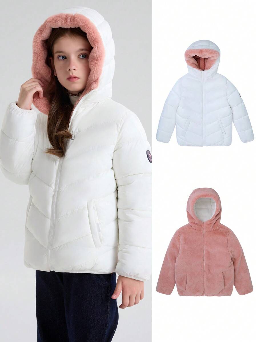 青少年女孩双面夹棉外套，厚实，两侧各有 2 个口袋，毛绒衬里，适合圣诞派对和冬季 - 白色 - 查看 1