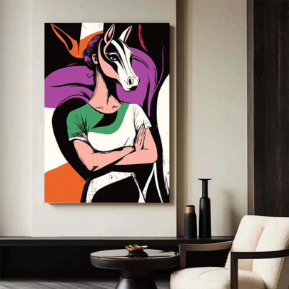 1pc  Modern Abstract Canvas Wall Art - Woman With Horse Mask Crossed Arms Vibrant Geometric Design For Living Room, Bedroom, Office, Cafe Decor, Art Wall Decor, Office Artwork, Artistic Portrait, Bold Color Artwork, High Visual Impact