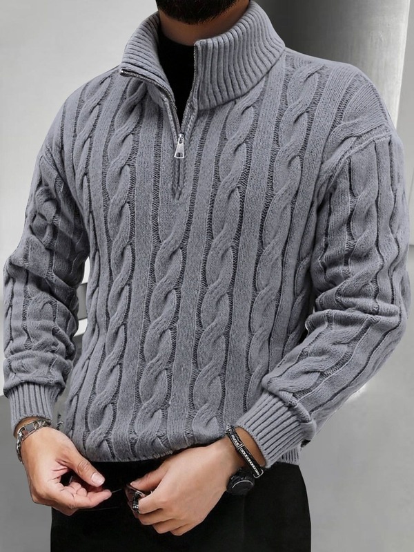 1 pieza Suéter vintage de unicolor para hombre, uso casual diario, cuello alto con cremallera de cuarto, ropa de calle de moda para Halloween, otoño/invierno