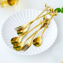 Aço inoxidável 5 Peças Colher de Café e 5 Peças Garfos de Frutas Padrões de Folhas 12cm - Dourado - Visão 9