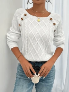 Stylish Women's White Round Neck Long Sleeve Sweater Regular Fit Plain Pattern With Decorative Buttons - trắng - Xem 3
