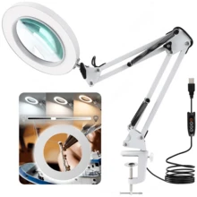 Magnifier LED Lamp, 10X Magnifying Glass Desk Table Light Reading Lamp With Base And Clip, Dimmable, Adjustable Warm And Cool Lights, Adjustable Rocker Arm - trắng - Xem 2