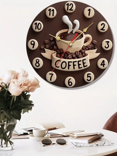 [10 12" Wooden Clock] Room 2D Coffee Cup Silent Wood Wand Clock, Stylish Kitchen Lovers, AA Battery Operated (Not Included) view 2