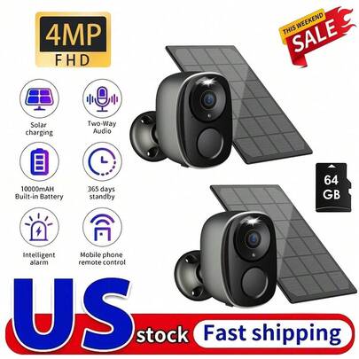2pcs 4MP Solar Powered Security Camera Wireless Outdoor, 2.4GHz & 5GHz WiFi Video Surveillance Smart Home Camera, Battery Powered CCTV Camera For Home Security, Cloud/SD, No Monthly Fee, Spotlight, IP66 Waterproof Color Night Vision, 2-Way Audio