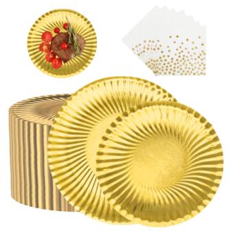 60 Parça Tek Kullanımlık Altın Vidalı Kağıt Sofra Takımı, Alüminyum Kaplamalı 7"/9" Yuvarlak Yemek Spiral Desenli Pasta Tabakları ve Peçeteler Masa Dekorasyonları İçin, Düğün, Aile Yemekleri, Doğum Günü Partileri, Piknikler ve Tatiller İçin Sağlam Tatlı Pasta Tabakları