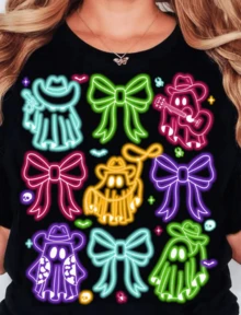 Colorful Neon Halloween Cowboy Ghost Png, Halloween Cowgirl PNG, Howdy Halloween Shirt Png, Ghost Bo  T-Shirt - 黑色 - 查看 1