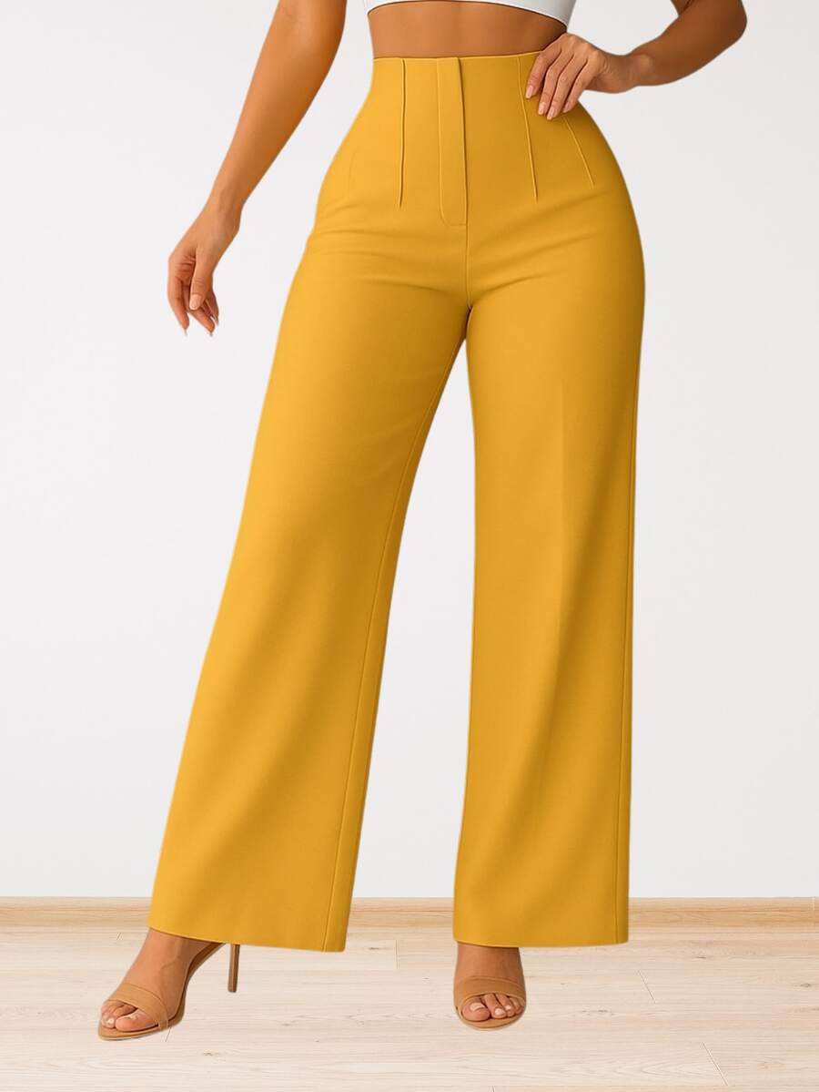 Pantalón Mujer Elegante y Moderno. Tiro Alto y Pierna Amplia. Tela Ligera y Fresca. Confeccionado en Poliéster Liviano con Elastano. Tela Millenium Stretch, Poliéster con Elastano - Amarillo Mostaza - Ver 1