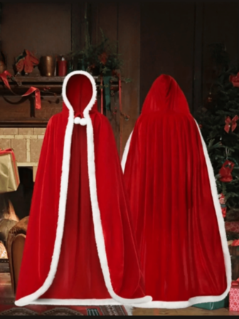 1 pieza Capa con capucha navideña - Capa corta con capucha con ribete blanco y decoración de pompones, disfraz navideño, accesorio para actuaciones y fiestas