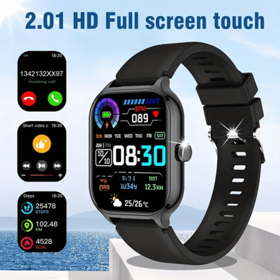 2.01 Inch Full Screen Touch Screen Outdoor Sports Smartwatch For Men And Women, 2025 Latest Model, Wireless Call, Call Reminder/Rejection, Message Notification, Pedometer, Alarm, Wireless Music, Camera Control, Calorie Calculation, Multiple Sports Modes Including Walking, Hiking, Climbing, Basketball