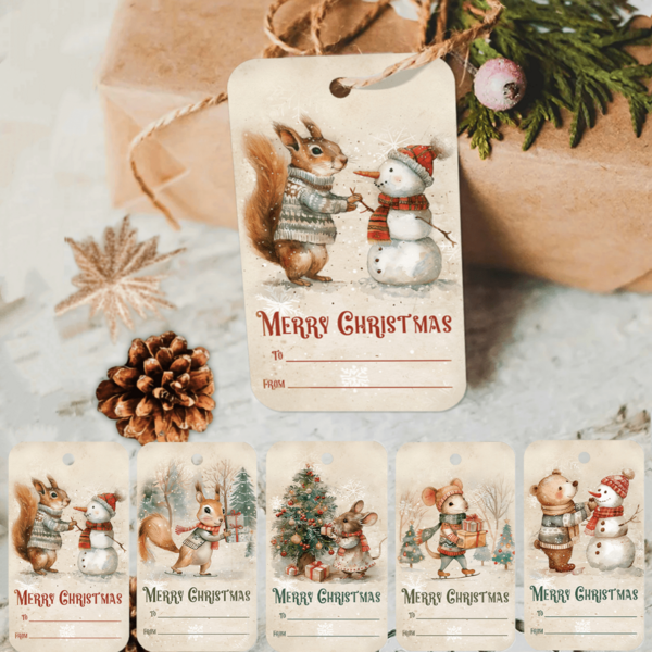 50pcs Vintage Christmas Gift Tags With Strings - Festive Designs With Snowman, Xmas Tree & Animal Christmas Name Tags - Paper Labels For Holiday Gifts, Party Favors And Crafts Christmas Pajamas Gifts Christmas Decor