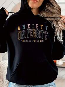 Women's Soft Pullover Hoodie With Anxiety University Graphic,Casual Long Sleeve Sweatshirt For Everyday Wear - 黑色 - 查看 3