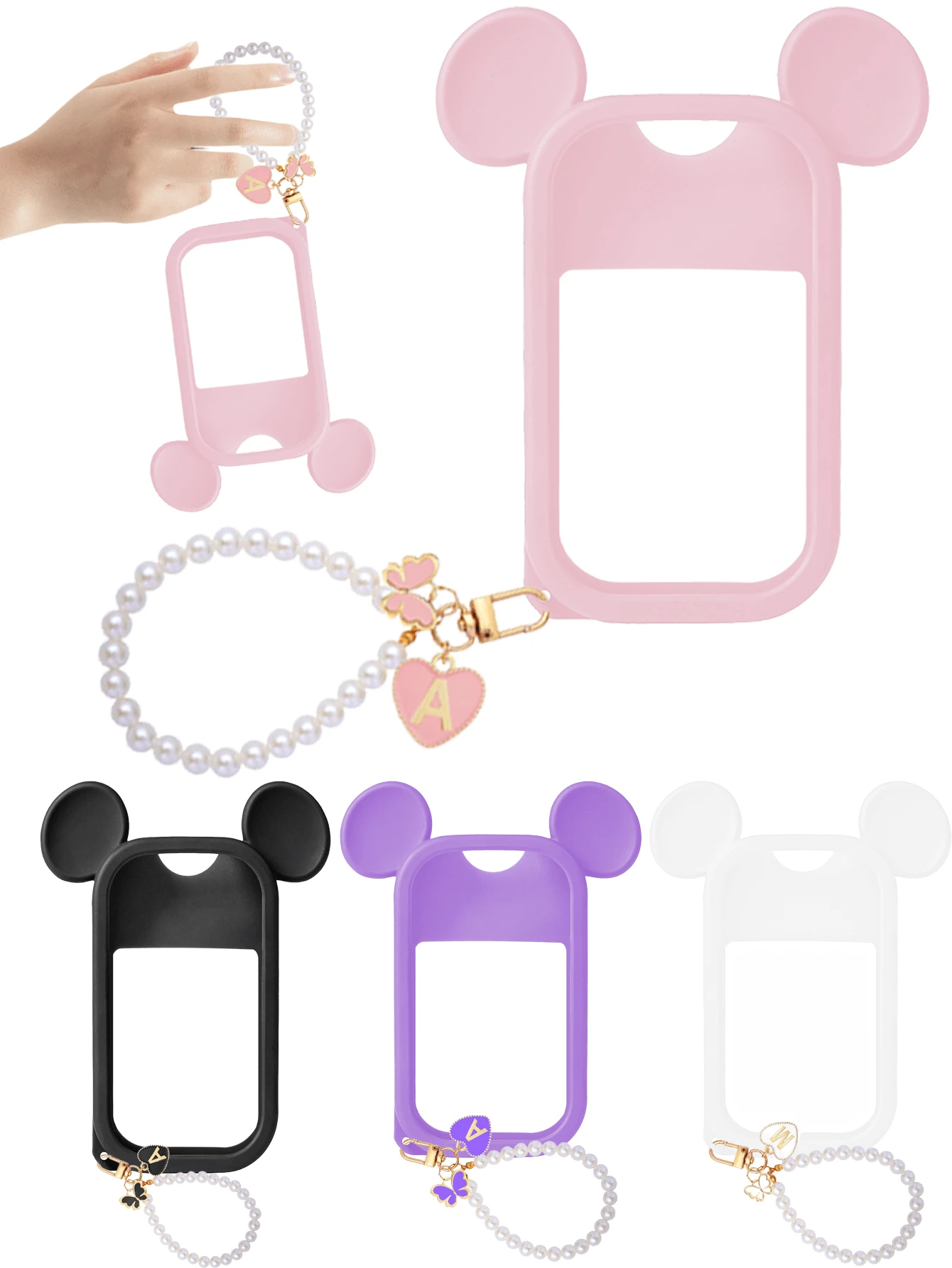 Set de 2 piezas/1 pieza para el Dispensador de Desinfectante de Manos Touchland de 1 oz (30 ml), Estuche Protector con Carcasa con Diseño de Perlas y Orejitas de Ratón de Silicona Antideslizante y Antichoques, Fácil de Llevar de Viaje y Colgar en Bolsos, talla grande Colgante con Charms de Perlas Florales y Letras para Personalizar el Dispensador
