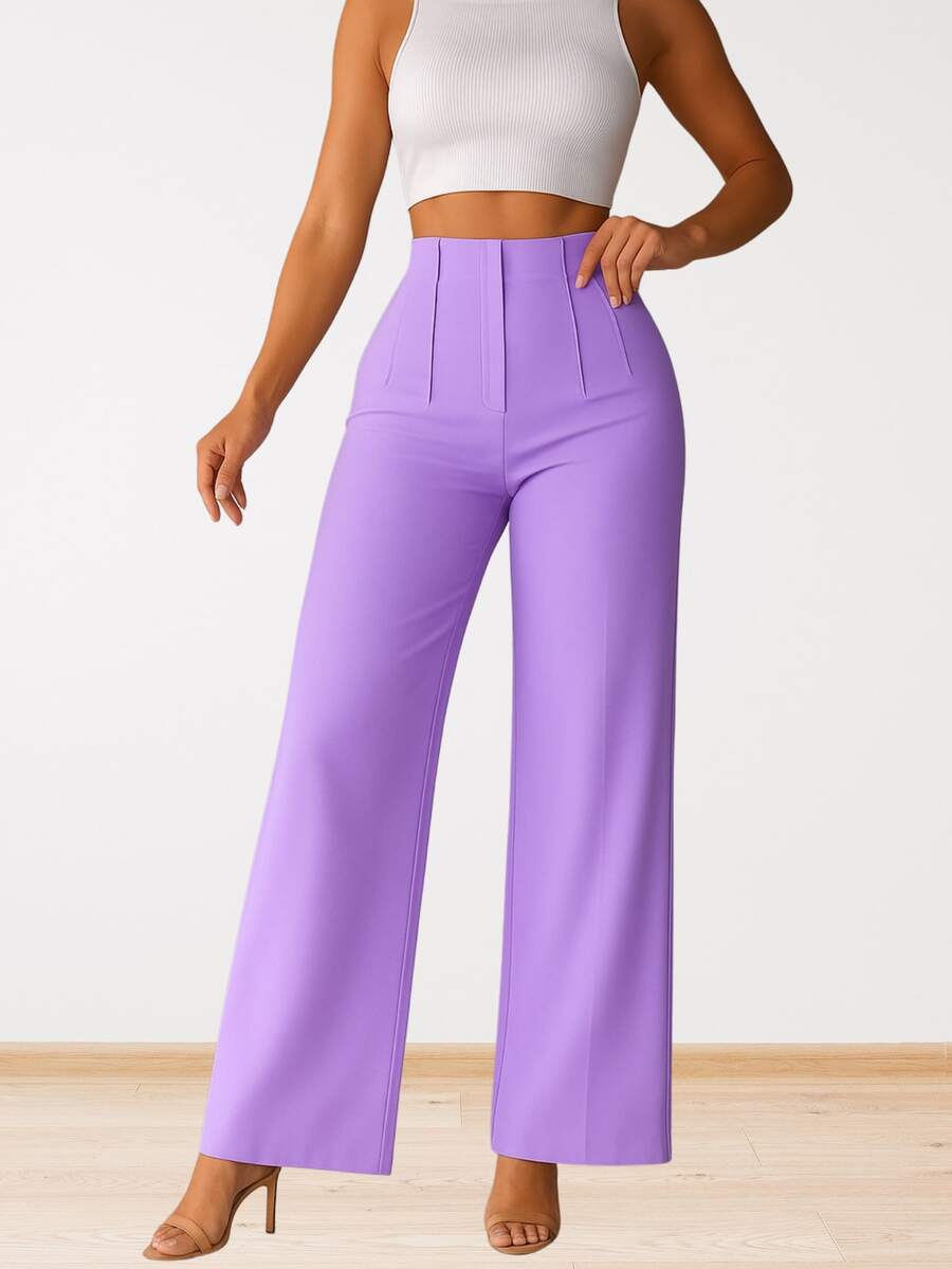 Pantalón Mujer Elegante y Moderno.  Tiro Alto y Pierna Amplia. Tela Ligera y Fresca. Confeccionado en Poliéster Liviano con Elastano. Tela Millenium Stretch, Poliéster con Elastano - Lila Púrpura - Ver 1