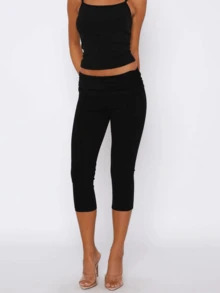 Women Y2k Fold Over Capri Pants Low Rise Knee Length Yoga Leggings Rollover Stretchy Cropped Leggings Solid Color Slim Fit Cropped Pants Summer Going Out Pants Daily Casual Streetwear - màu đen - Xem 3