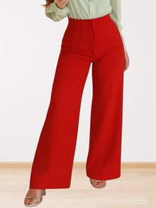 Pantalón Mujer Elegante y Moderno.  Tiro Alto y Pierna Amplia. Tela Ligera y Fresca. Confeccionado en Poliéster Liviano con Elastano. Tela Millenium Stretch, Poliéster con Elastano - Rojo - Ver 2