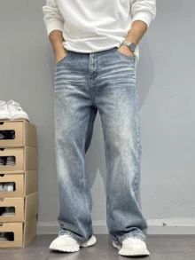 男士街头风格宽松休闲牛仔裤，宽松版型 - 时尚休闲全/全球/通用宽松 - 中等水洗藍 - 查看 1