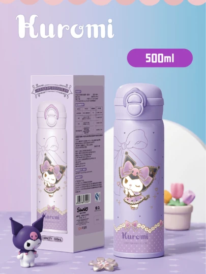 Sanrio Kuromi Double Drink Thermos 500 ml, SUS316 steel, straw or direct-sip lid, vacuum insulation keeps drinks hot/cold for hours, silicone seal ring, flip-lock cap, leak-proof, leoper seal ring, flip-lock cap, leak-proof, letail. backpack pockets, perfect for school, office, travel, gift-ready for Sanrio fans