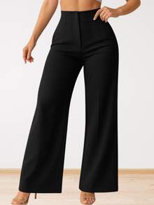Pantalón Mujer Elegante y Moderno.  Tiro Alto y Pierna Amplia. - Negro - Ver 1