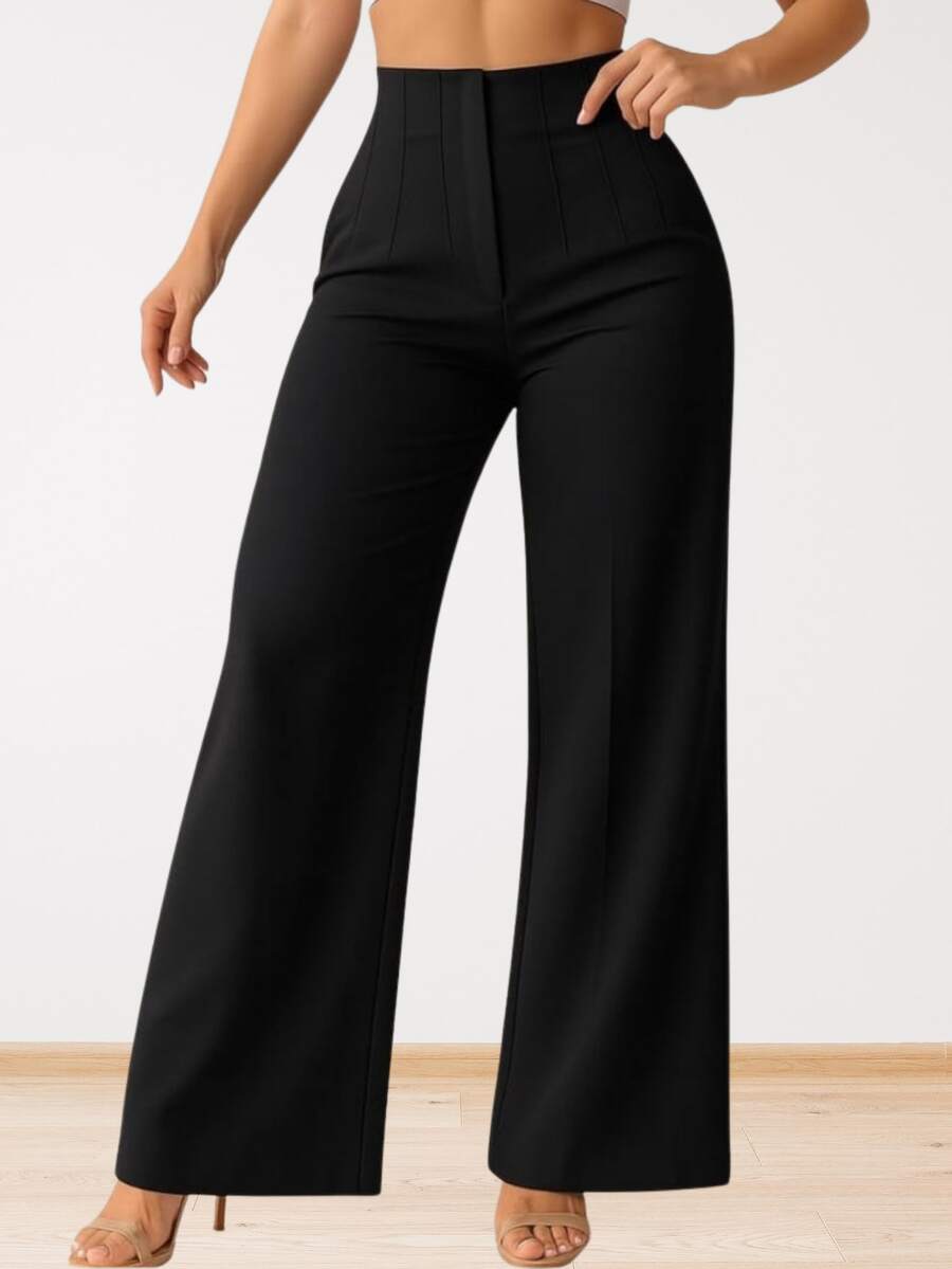 Pantalón Mujer Elegante y Moderno.  Tiro Alto y Pierna Amplia. - Negro - Ver 1