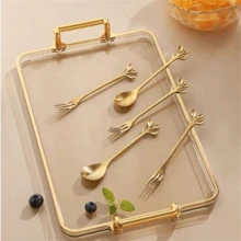 Aço inoxidável 5 Peças Colher de Café e 5 Peças Garfos de Frutas Padrões de Folhas 12cm - Dourado - Visão 8