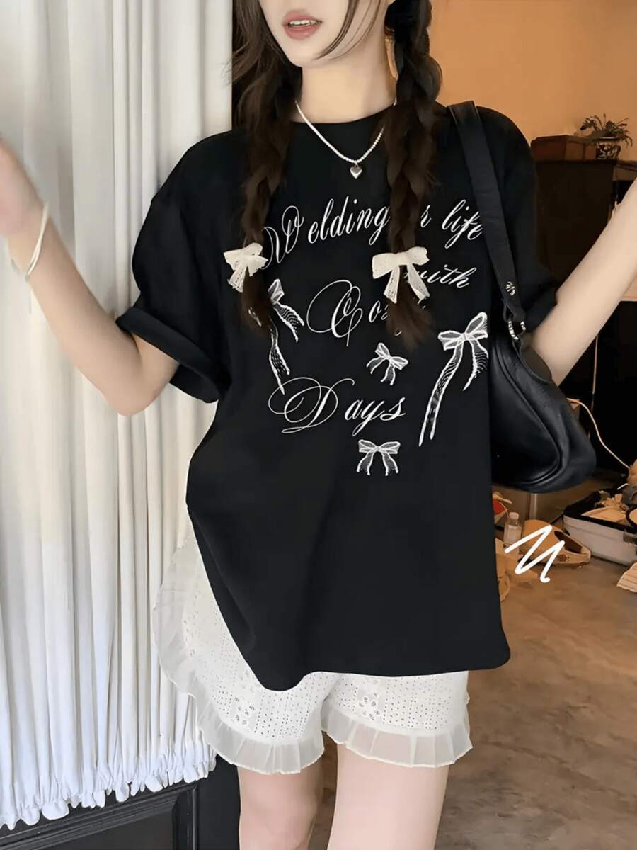 Wedding Life Days Graphic Print T Shirt 220g 1pcs Loose Fit Women's Casual 100% Cotton Tee Daily Wear Style Girl Top Short Sleeve, Comfy Basic TShirt,Relaxed Fit Tee - 黑色 - 查看 1