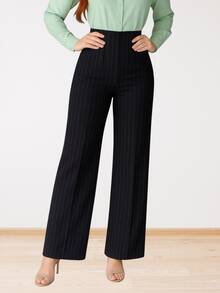 Pantalón Mujer Elegante y Moderno.  Tiro Alto y Pierna Amplia. Tela Ligera y Fresca. Confeccionado en Poliéster Liviano con Elastano. Tela Millenium Stretch, Poliéster con Elastano - Negro Rayas - Ver 2