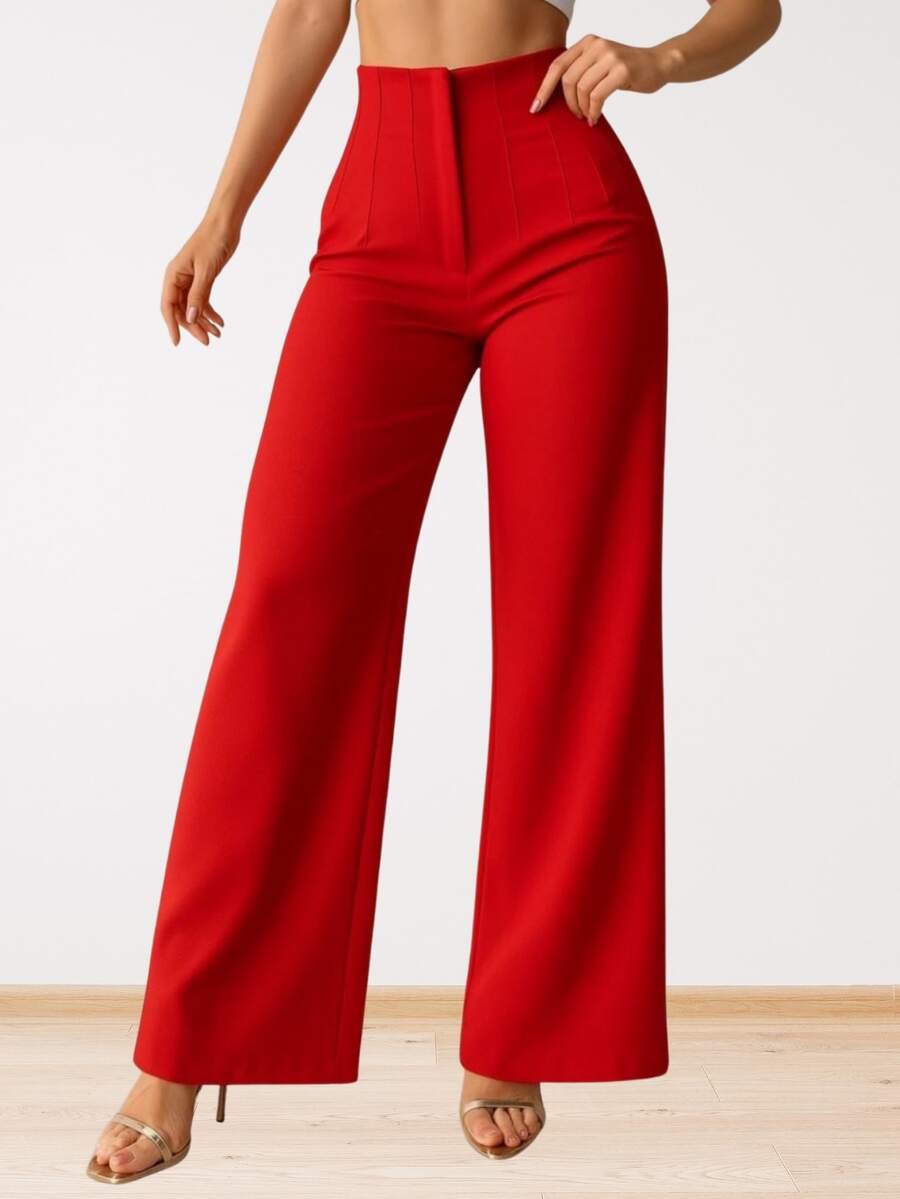 Pantalón Mujer Elegante y Moderno. Tiro Alto y Pierna Amplia. Tela Ligera y Fresca. Confeccionado en Poliéster Liviano con Elastano. Tela Millenium Stretch, Poliéster con Elastano - Rojo - Ver 1
