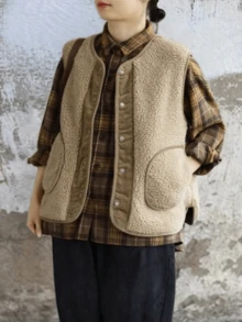 Chaleco de mujer talla grande con botones delanteros y bolsillos, de punto acanalado, elegante y casual, adecuado para uso casual y diario - Caqui - Ver 1