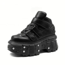 Fashion Punk Women's Sneakers Round Toe High Top Straps Platform Thick Sole Screws Accents Running Hiking Daily Walking Short Boots - 黑色 - 查看 6