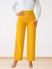 Pantalón Mujer Elegante y Moderno.  Tiro Alto y Pierna Amplia. Tela Ligera y Fresca. Confeccionado en Poliéster Liviano con Elastano. Tela Millenium Stretch, Poliéster con Elastano - Amarillo Mostaza - Ver 2