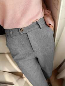 羊毛混纺法式设计小众直筒西装裤，高腰，优雅，秋冬 - 灰色 - 查看 4
