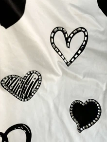 Camiseta de verano para mujer con patrón de corazones en blanco y negro, escote redondo, cómoda y casual. - Blanco - Ver 3