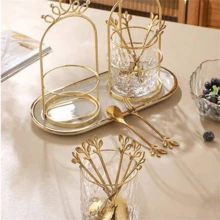 Aço inoxidável 5 Peças Colher de Café e 5 Peças Garfos de Frutas Padrões de Folhas 12cm - Dourado - Visão 6