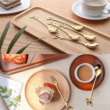 Aço inoxidável 5 Peças Colher de Café e 5 Peças Garfos de Frutas Padrões de Folhas 12cm - Dourado - Visão 7