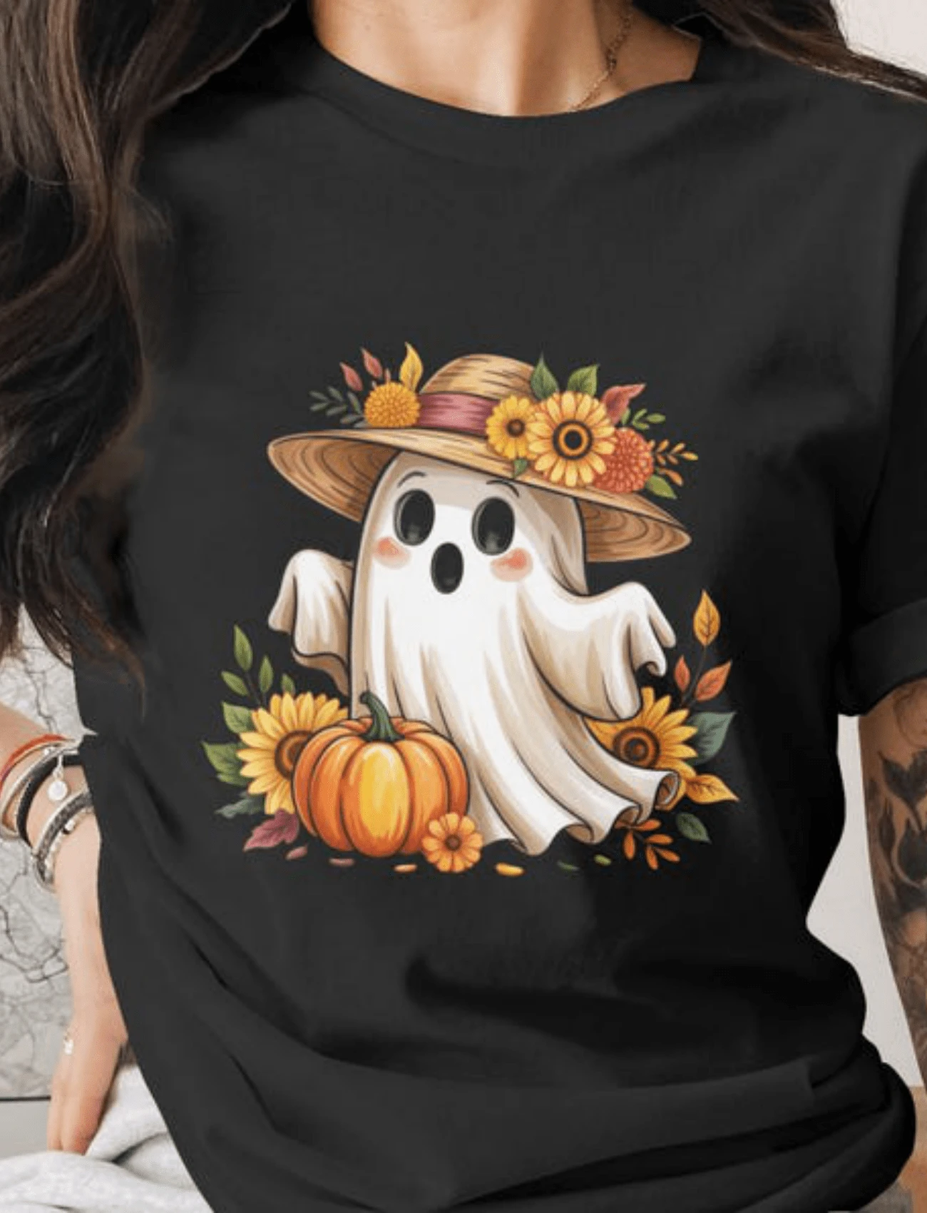 Cute Ghost T-Shirt Design, Autumn Ghost PNG, Floral Ghost Sublimation, Fall Ghost Shirt, Halloween G - 黑色 - 查看 1