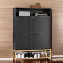 Black Slim Shoe Cabinet With 2 Flip Drawers Narrow Entryway Shoe Storage Organizer With Shelf And Top Cubby - màu đen - Xem 2