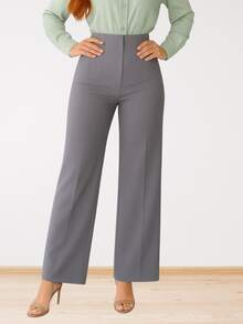 Pantalón Mujer Elegante y Moderno.  Tiro Alto y Pierna Amplia. - Gris - Ver 2