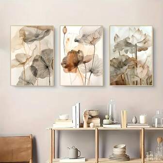 3PCS Set Of Beige Bohemian White Floral Canvas Wall Paintings, Optional Wooden Frame, Retro Leaf Design, Suitable For Decoration In Living Rooms, Bedrooms, And Offices