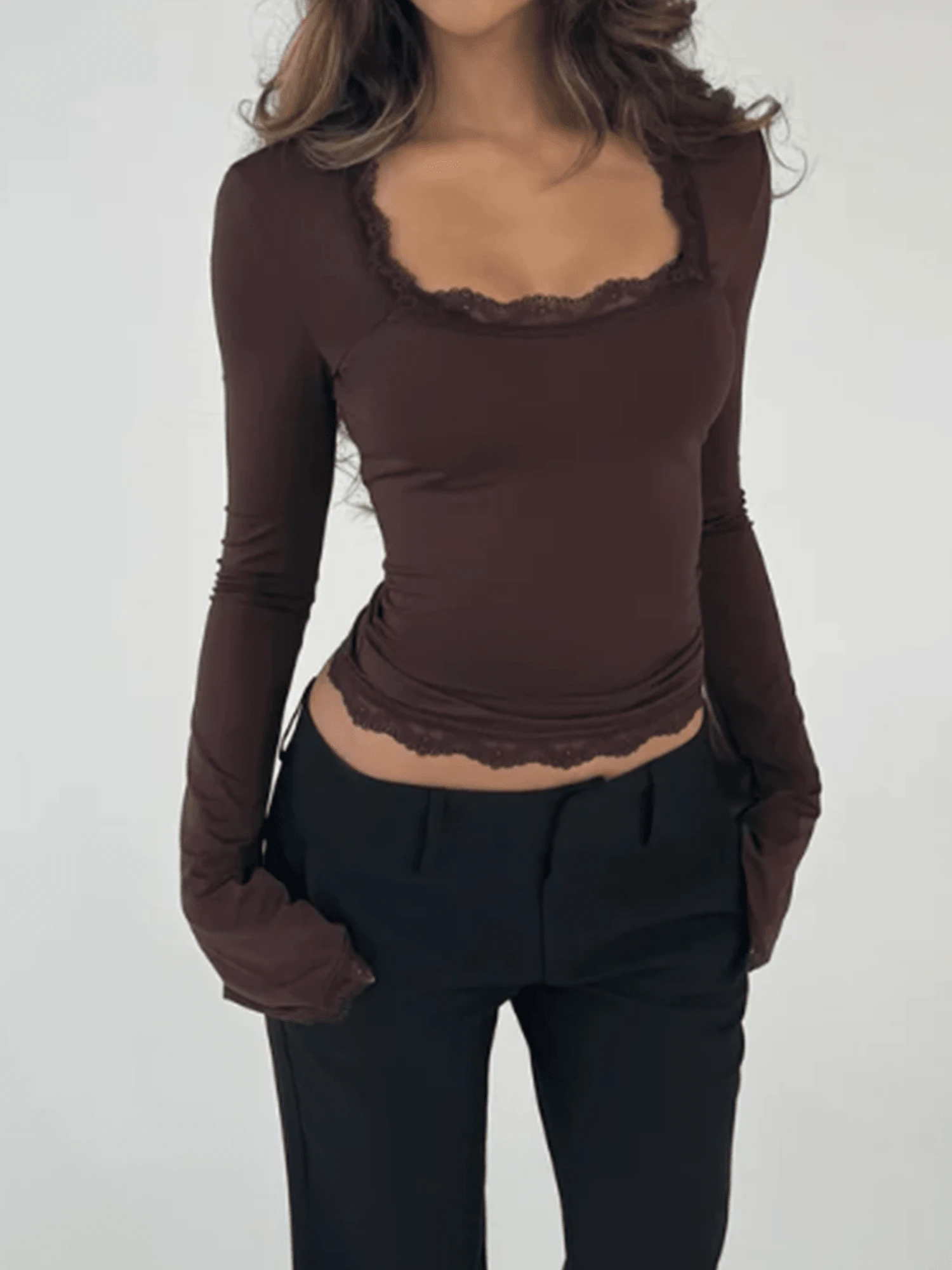 Women's Spring Fall Lace Trim Blouses Long Sleeve Square Neck Slim Party T-Shirt - 深棕色 - 查看 1